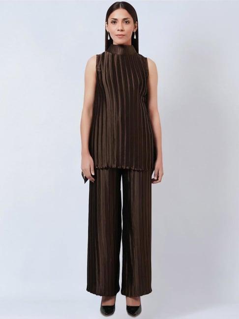 first resort by ramola bachchan brown sleeveless turtle neck box pleated top