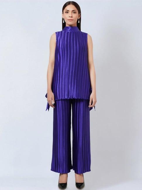 first resort by ramola bachchan purple sleeveless turtle neck box pleated top