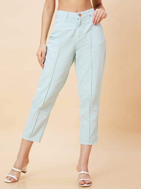 globus mint green cotton mid rise cropped boyfriend jeans