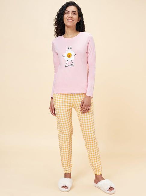 dreamz by pantaloons pink yellow cotton printed t-shirt pyjama set