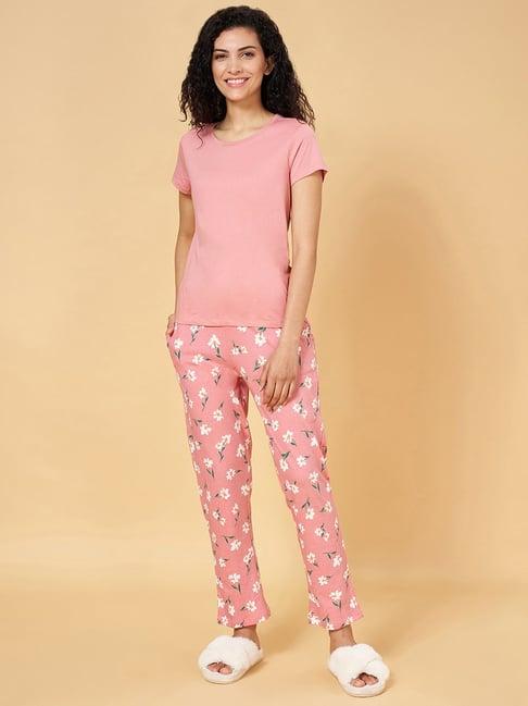 yu by pantaloons pink cotton floral print top pyjama set