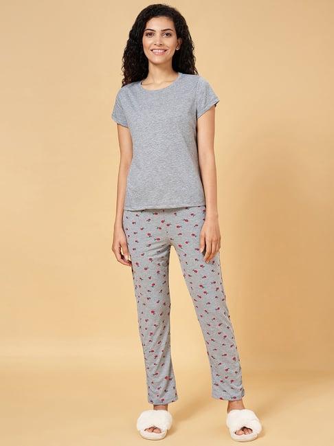 yu by pantaloons grey cotton floral print top pyjama set