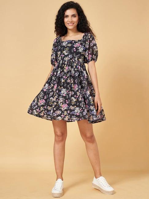 yu by pantaloons black floral print a-line dress