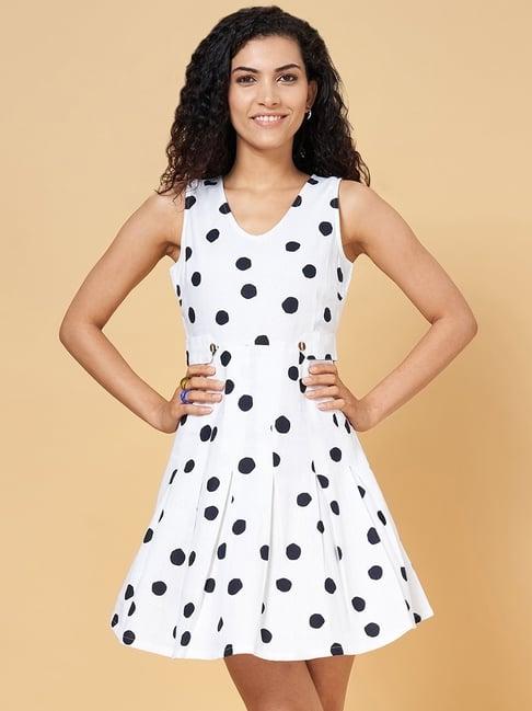 yu by pantaloons white & black polka dots a-line dress