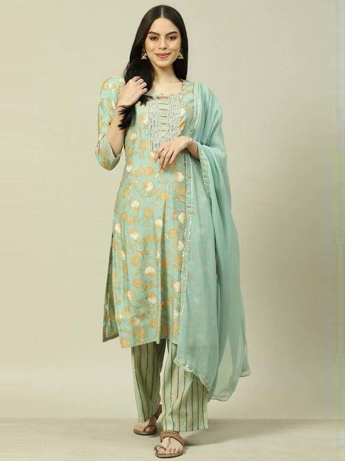 rangriti green printed kurta and palazzo set with dupatta