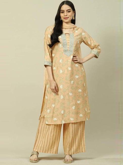 rangriti peach printed kurta and palazzo set with dupatta