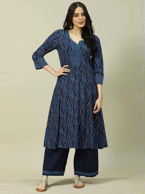 rangriti navy printed kurta and palazzo set