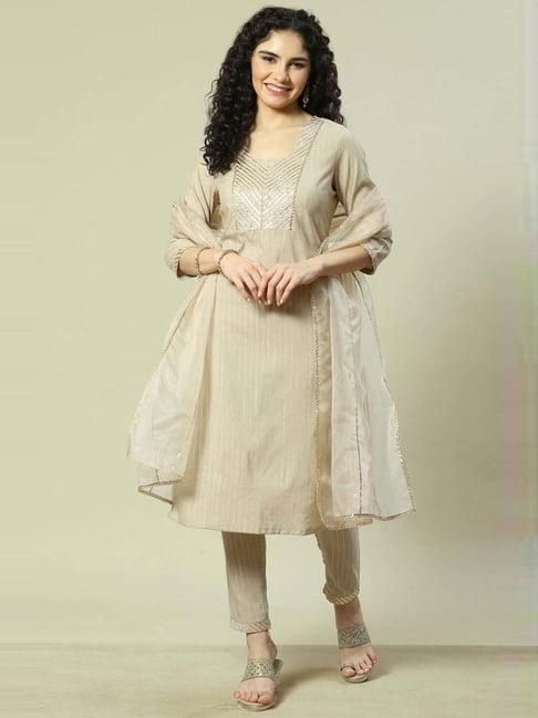 rangriti beige zari work kurta and pant set with dupatta