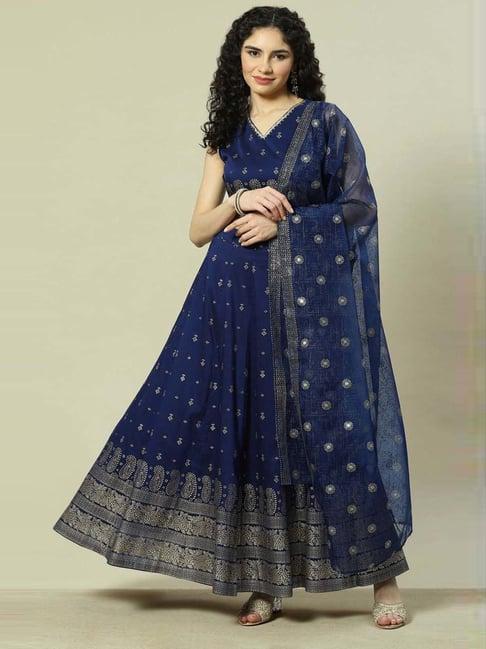 rangriti navy printed crop top and skirt set with dupatta