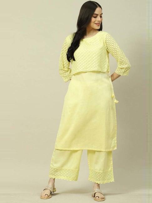 rangriti yellow embroidered kurta and palazzo set