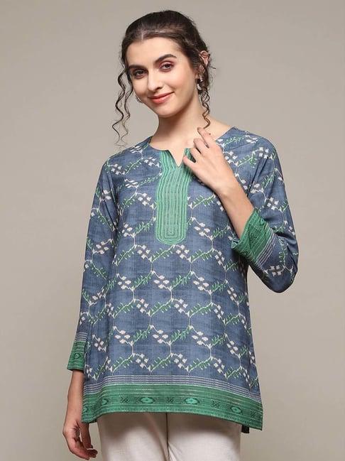 biba blue printed straight short kurti