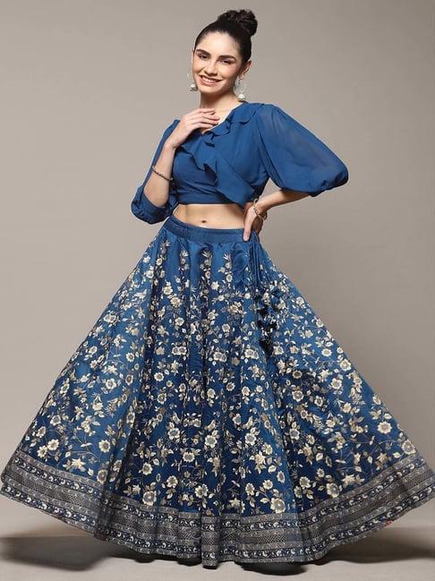 biba blue v-neck crop top skirt set