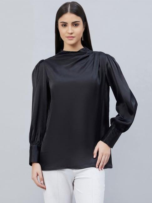 first resort by ramola bachchan black shoulder pleated embellished satin shirt