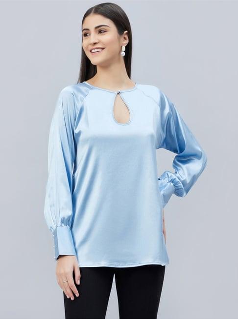 first resort by ramola bachchan sky blue keyhole embellished satin shirt