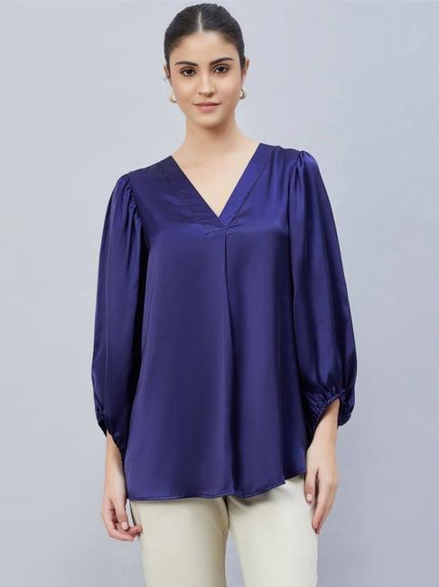 first resort by ramola bachchan navy blue v-neck embellished satin shirt