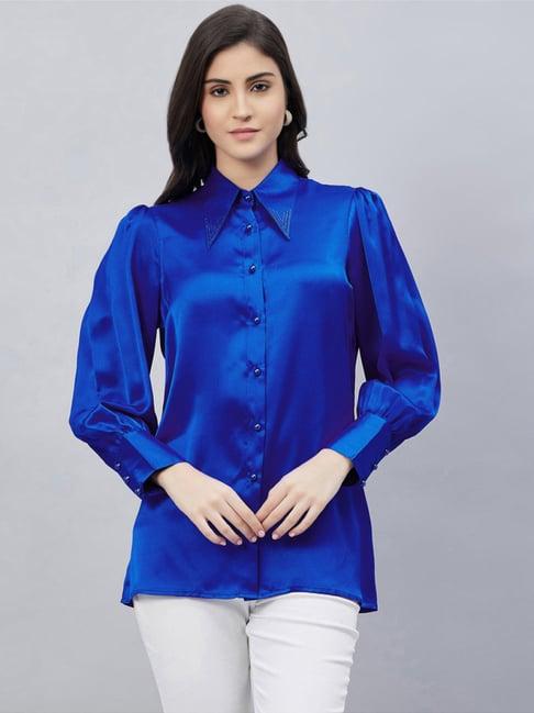 first resort by ramola bachchan cobalt blue shirt collar embellished satin shirt