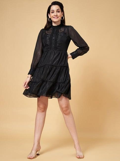 honey by pantaloons black self pattern a-line double layered dress