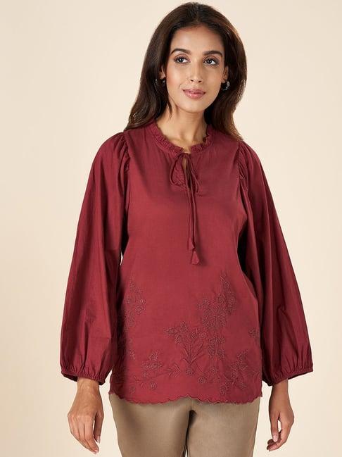 akkriti by pantaloons maroon cotton embroidered tunic