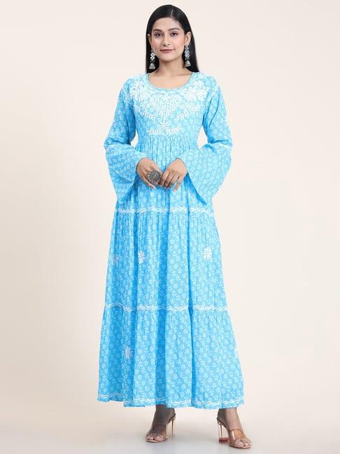 house of kari noor hand embroidered chikankari mul gown for women- sky blue