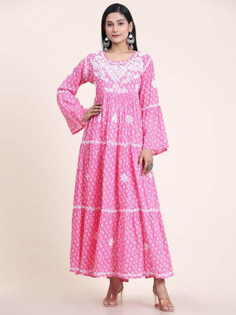 house of kari noor hand embroidered chikankari mul gown for women- hot pink