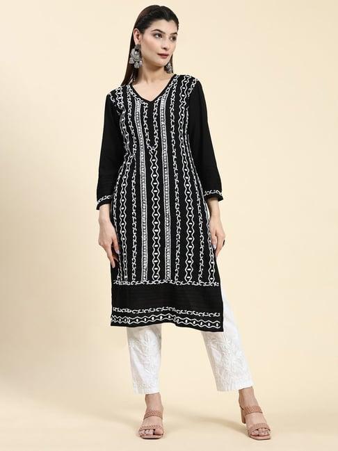 house of kari samma chikankari long kurta in rayon cotton for women- black with white