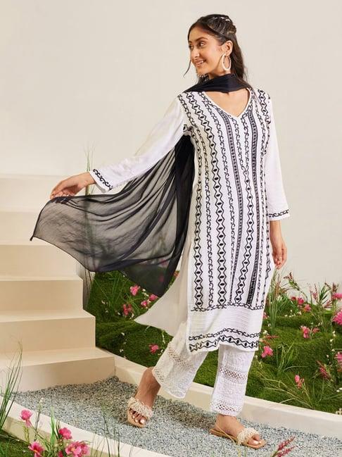 house of kari samma chikankari long kurta in rayon cotton for women- white with black