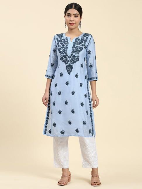 house of kari samma chikankari long kurta in chanderi silk for women- sea blue