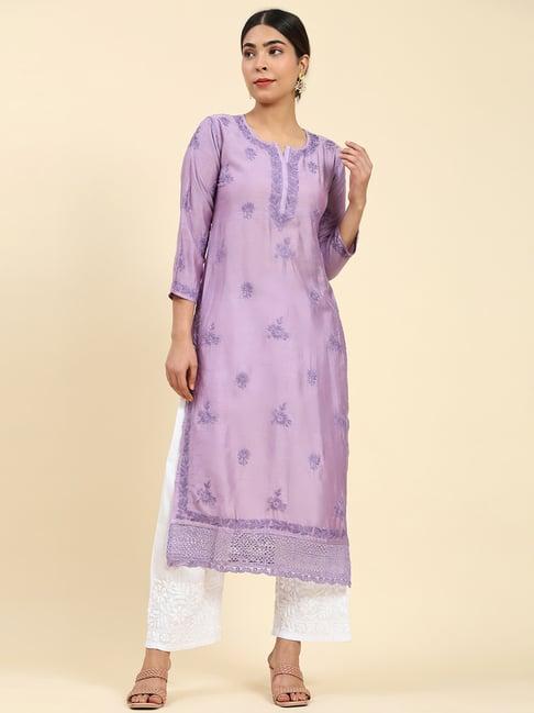 house of kari samma chikankari long kurta notch neck in chanderi silk for women - purple