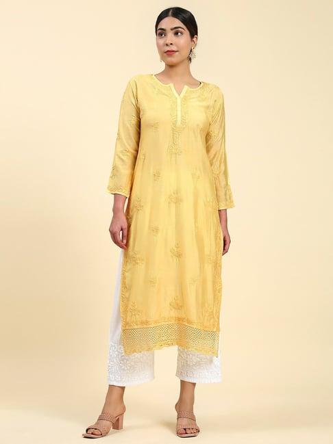 house of kari samma chikankari long kurta notch neck in chanderi silk for women - yellow