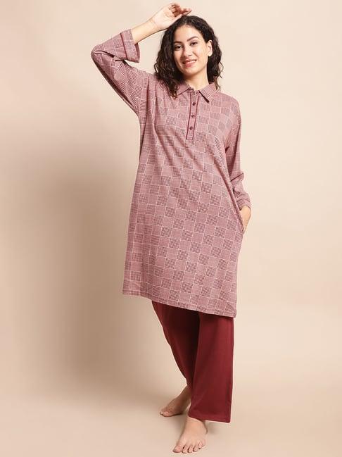 kanvin maroon printed tunic with pyjamas