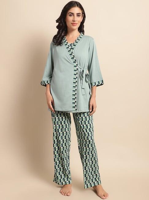 kanvin green printed top with pyjamas & robe