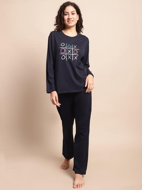 kanvin navy printed top with pyjamas