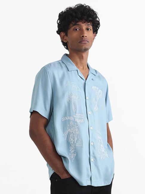 nuon by westside light blue embroidered relaxed fit duba shirt