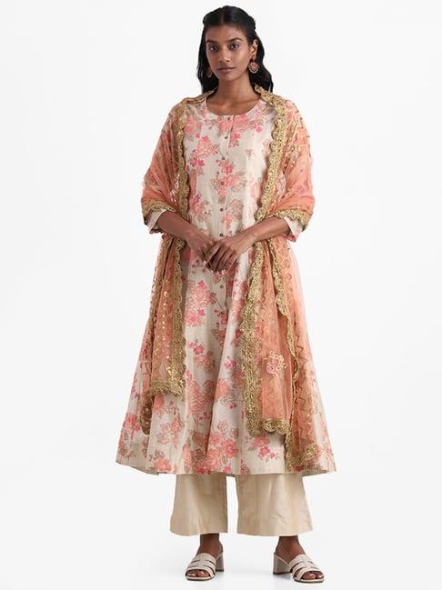 vark by westside beige print floral anarkali kurta, pants, dupatta set