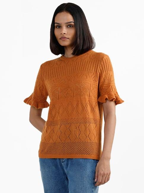 lov by westside patterned weaved light brown sweater