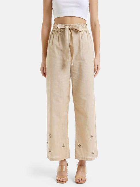 kazo beige embellished regular fit high rise pants