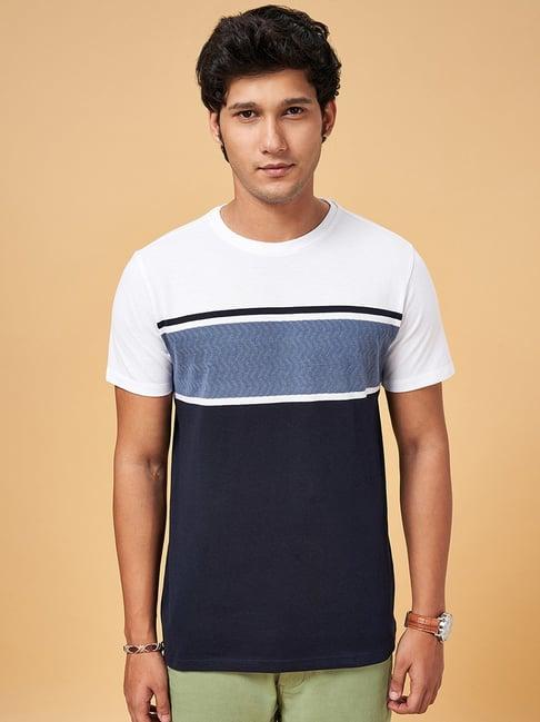 urban ranger by pantaloons navy & white cotton slim fit colour block t-shirt