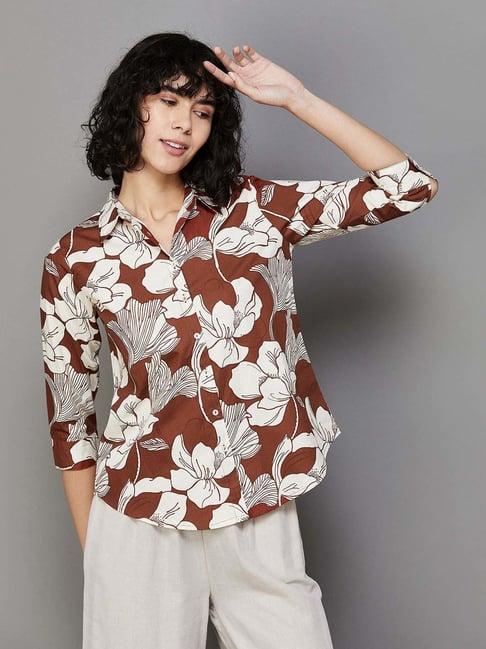 colour me by melange brown cotton floral print shirt