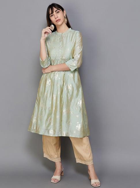 melange by lifestyle green printed straight kurta