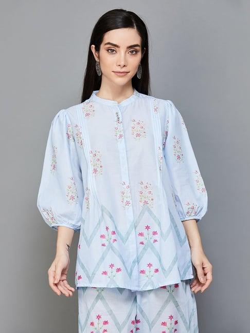 melange by lifestyle blue cotton floral print tunic