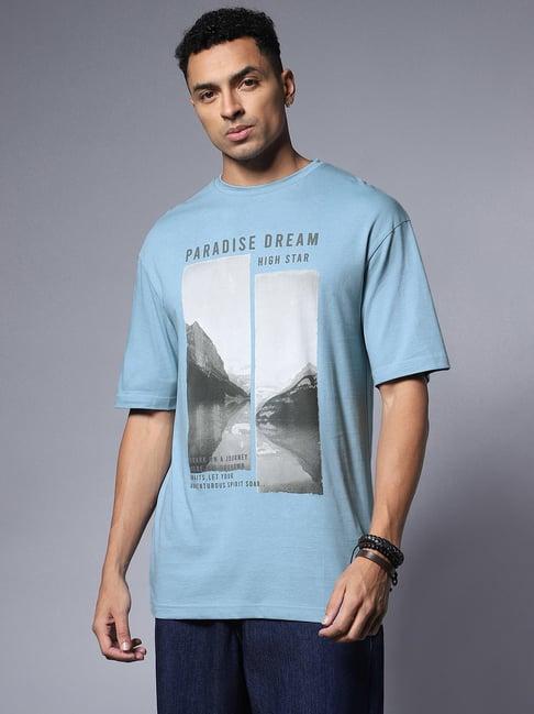 high star light blue relaxed fit graphic print cotton crew t-shirt