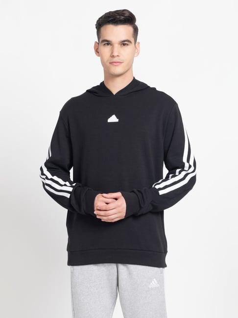 adidas black regular fit striped hooded sweatshirt