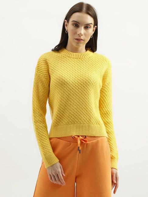 united colors of benetton yellow self design sweater