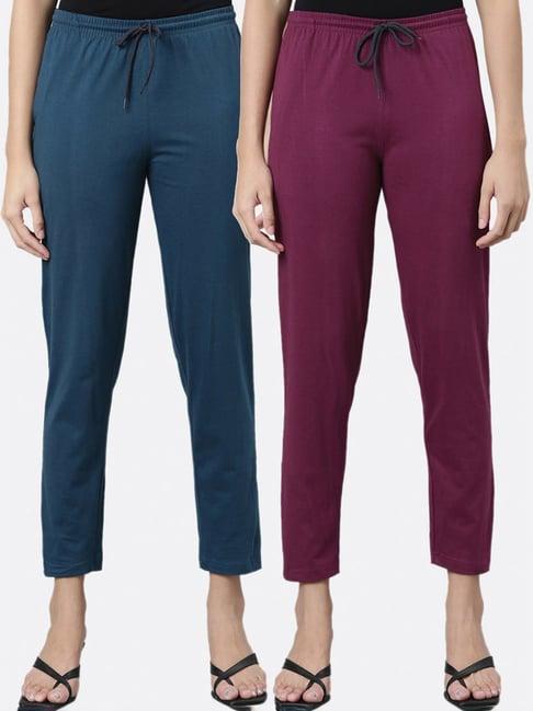 kryptic blue & burgundy cotton mid rise pants - pack of 2