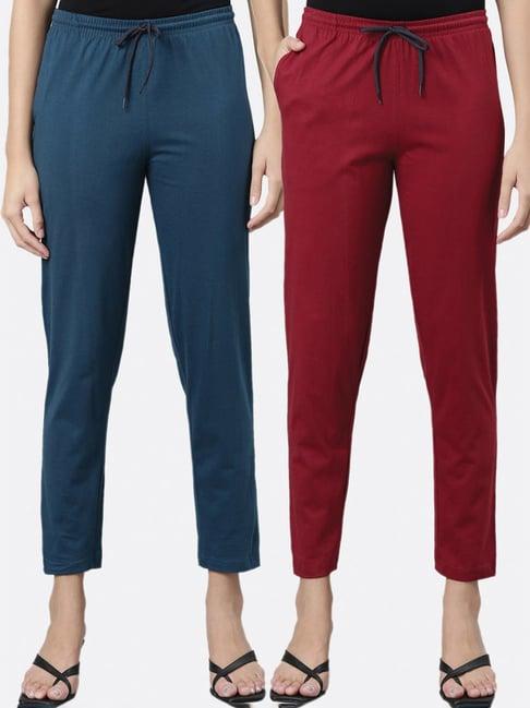 kryptic teal & maroon cotton mid rise pants - pack of 2