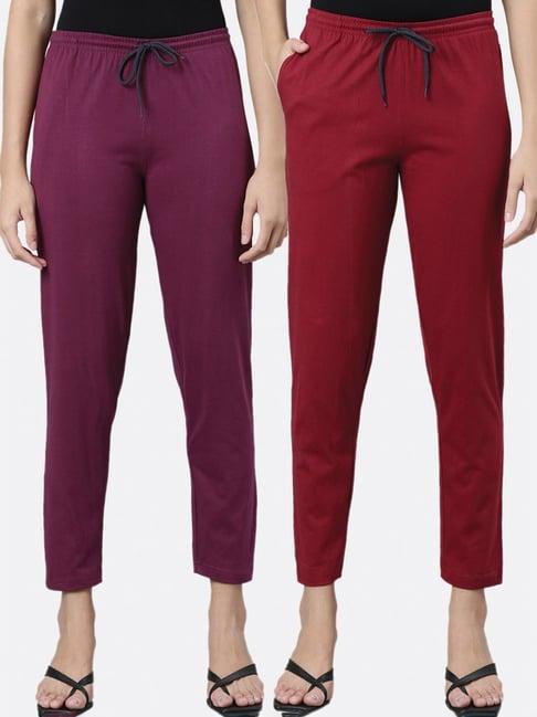 kryptic burgundy & maroon cotton mid rise pants - pack of 2