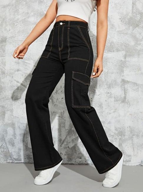 broadstar black relaxed fit high rise cargo jeans