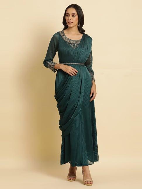 wishful by w green embellished maxi saree dress