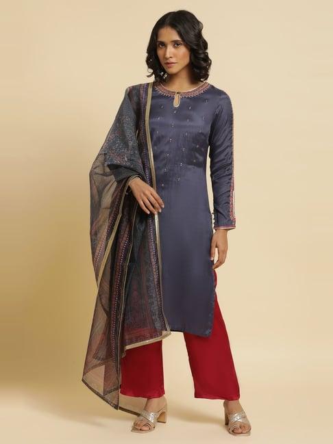 wishful by w blue & red embroidered kurta pant set with dupatta