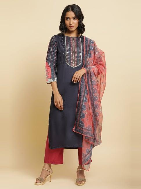 wishful by w blue & maroon embroidered kurta pant set with dupatta